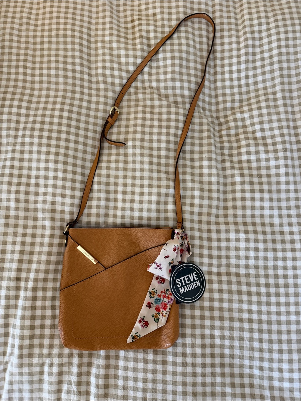 Steve Madden Cognac Crossbody Bag with Floral Scarf Accent